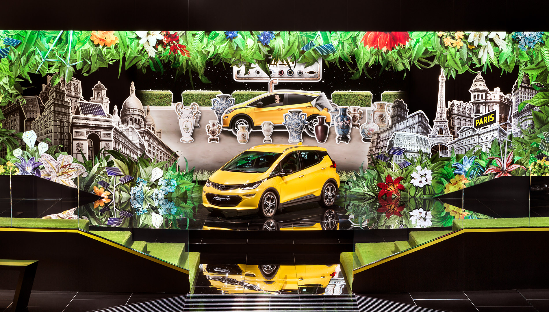 Messe Design Live Kommunikation Paris Motorshow Auto Opel gelb Bühnenbild Going Places EventLabs
